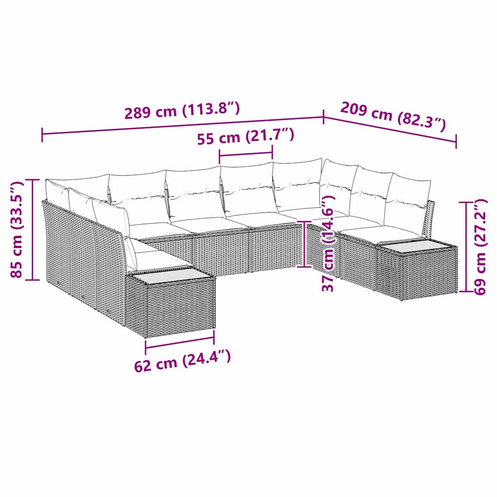 Σετ Καναπέ Κήπου με μαξιλάρι 9 pcs Μαύρο Πολυ ράταν