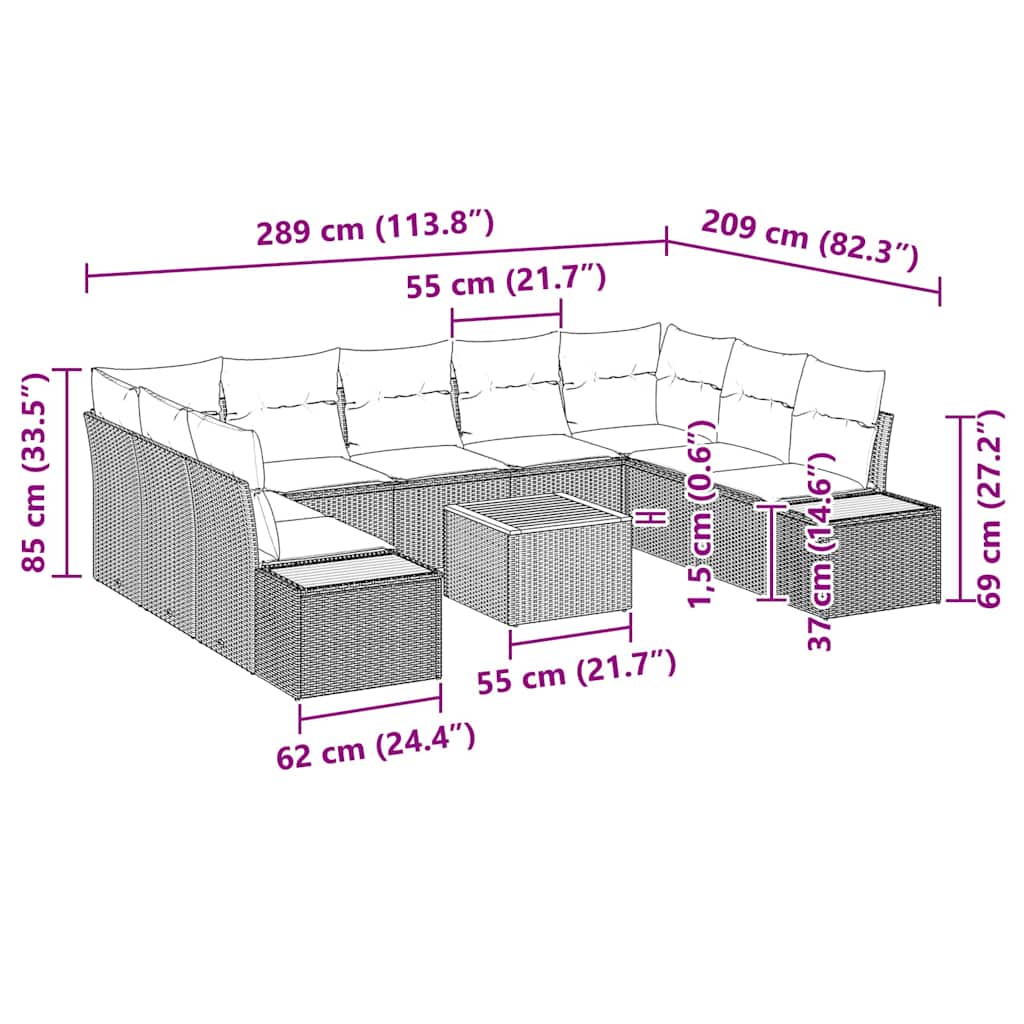 Σετ Καναπέ Κήπου με μαξιλάρι 10 pcs Γκρι Πολυ ράταν