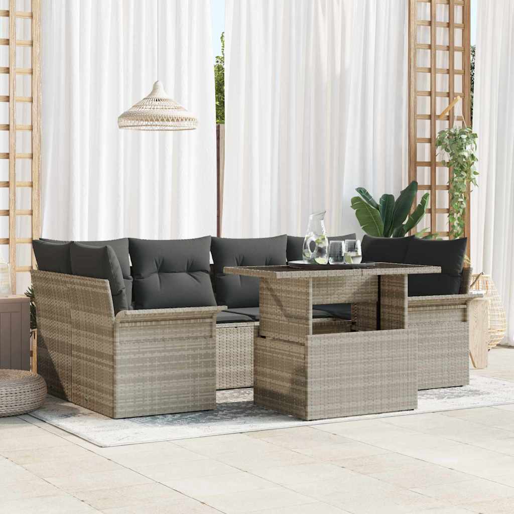 Σετ Καναπέ Κήπου με μαξιλάρι 7 pcs Ανοιχτό γκρι Πολυ ράταν