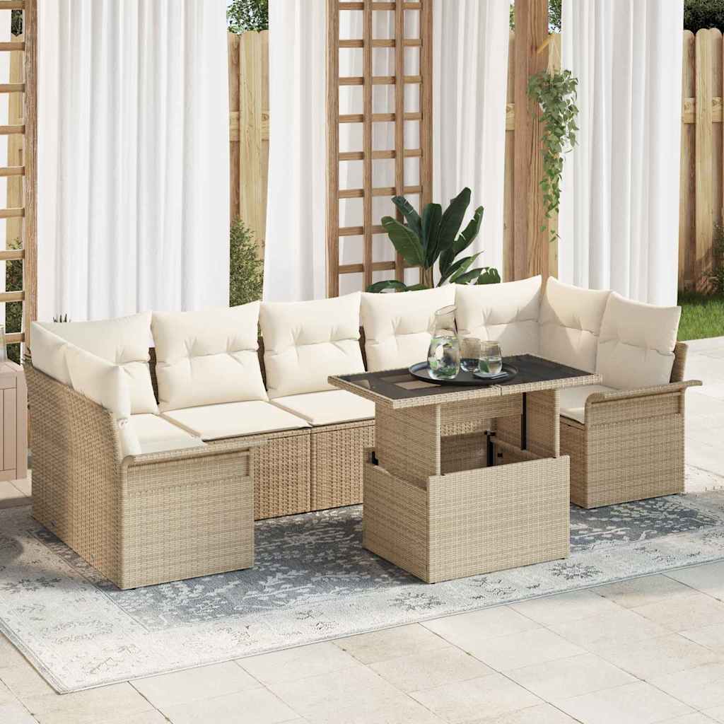 Σετ Καναπέ Κήπου με μαξιλάρι 8 pcs Μπεζ συνθετικό ρατάν - Pakobazaar