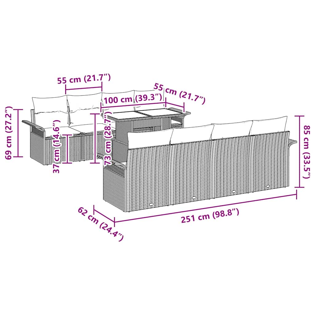 Σετ Καναπέ Κήπου με μαξιλάρι 9 pcs Γκρι συνθετικό ρατάν - Pakobazaar