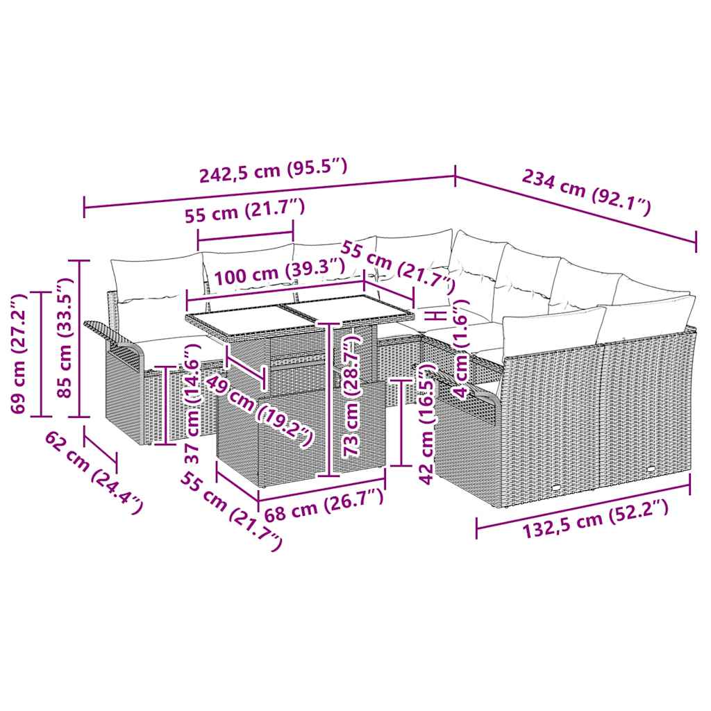 Σετ Καναπέ Κήπου με μαξιλάρι 9 pcs Μπεζ Πολυ ράταν - Pakobazaar