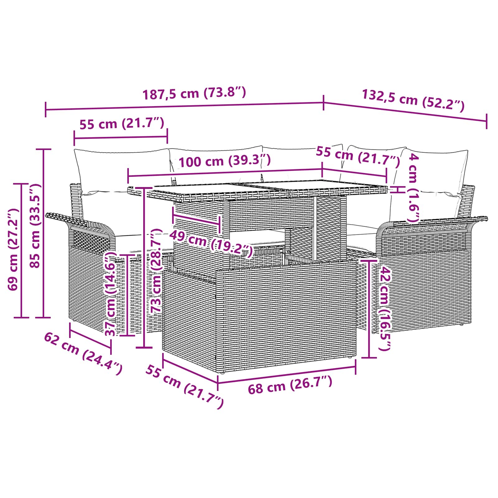 Σετ Καναπέ Κήπου με μαξιλάρι 5 pcs Μαύρο συνθετικό ρατάν - Pakobazaar
