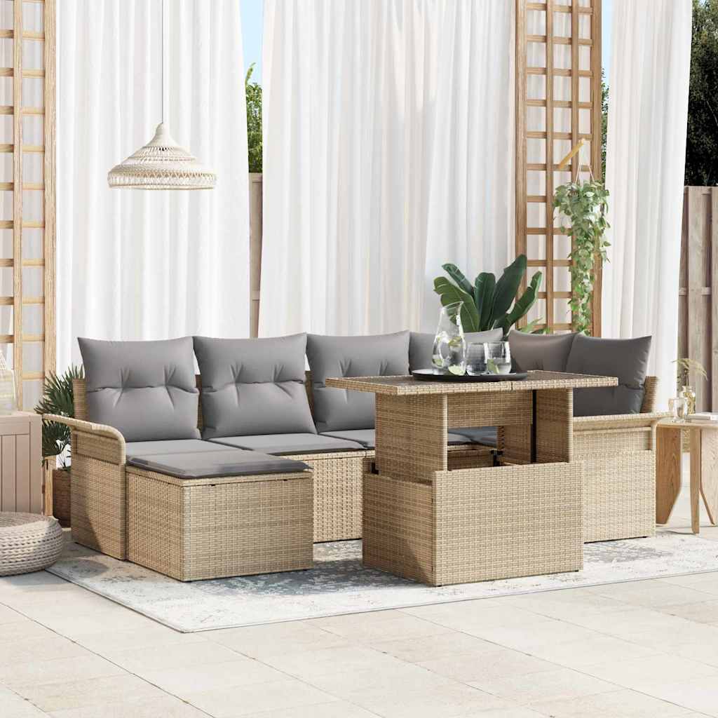 Σετ Καναπέ Κήπου με μαξιλάρι 7 pcs Μπεζ Πολυ ράταν