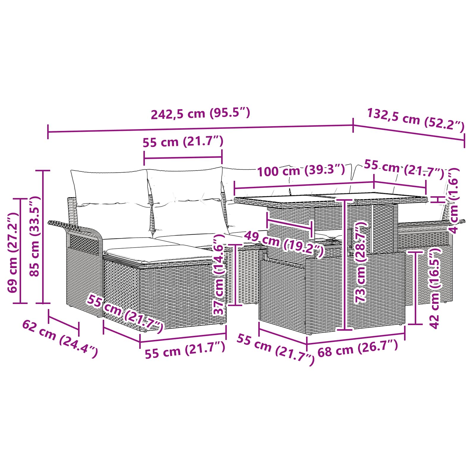 Σετ Καναπέ Κήπου με μαξιλάρι 7 pcs Γκρι συνθετικό ρατάν - Pakobazaar