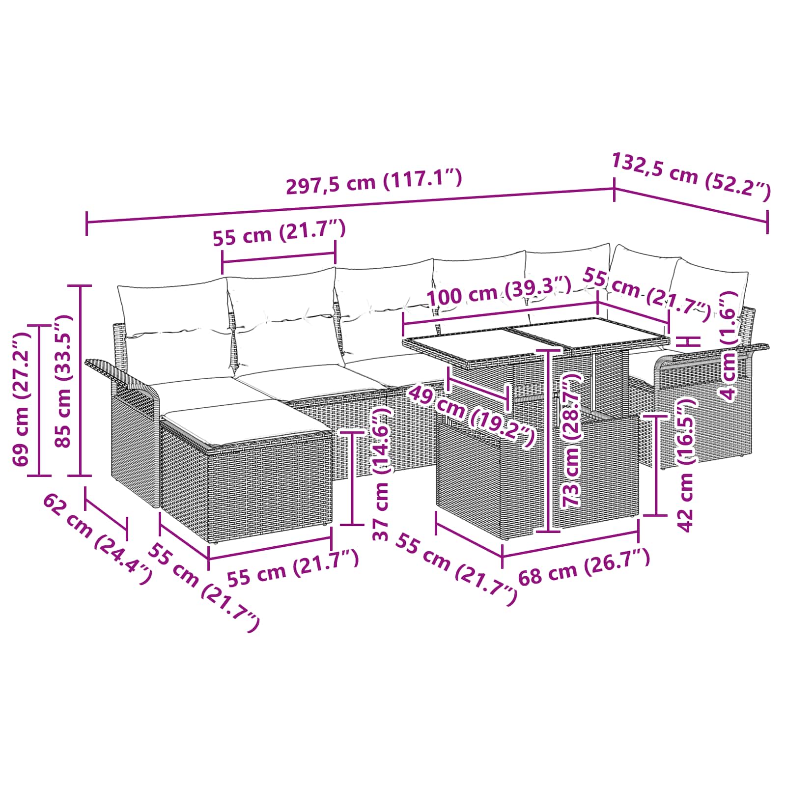Σετ Καναπέ Κήπου με μαξιλάρι 8 pcs Καφέ συνθετικό ρατάν - Pakobazaar