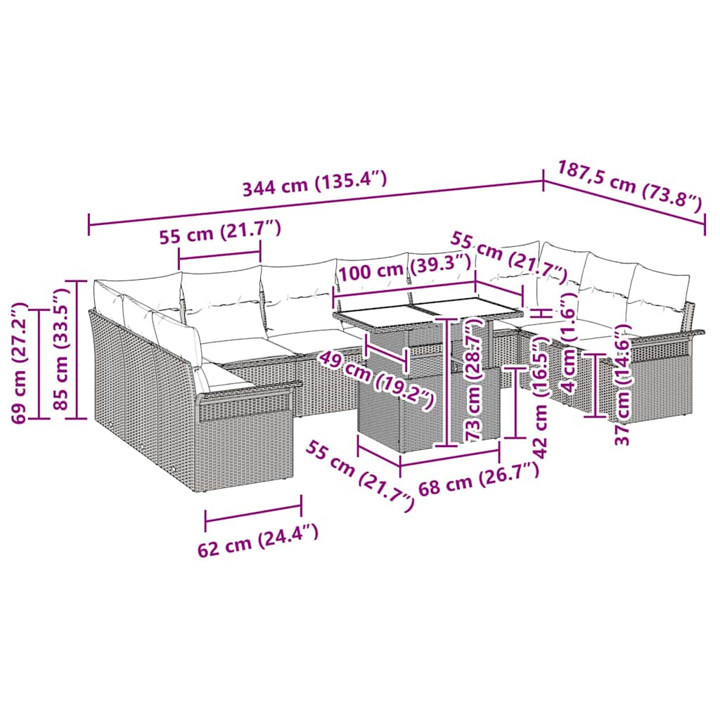 Σετ Καναπέ Κήπου με μαξιλάρι 11 pcs Μπεζ Πολυ ράταν - Pakobazaar