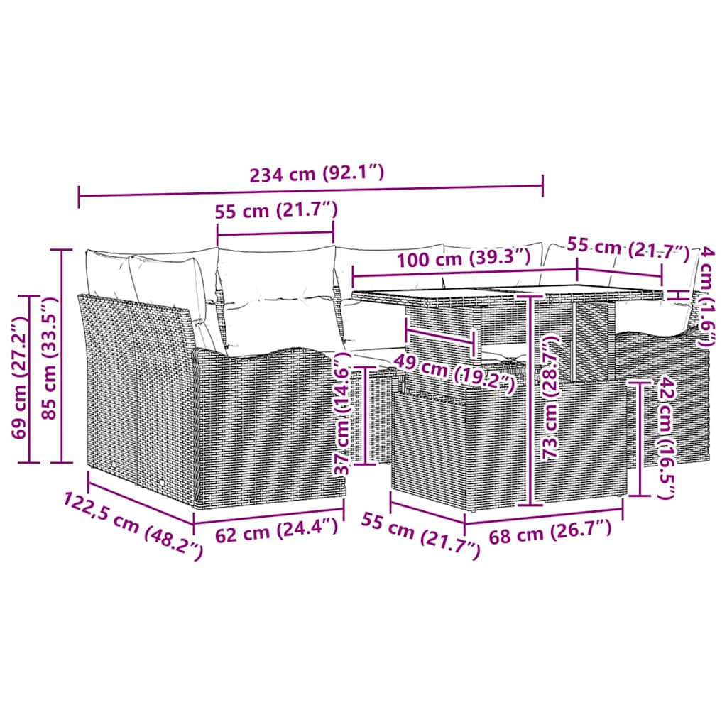 Σετ Καναπέ Κήπου με μαξιλάρι 7 pcs Ανοιχτό γκρι Πολυ ράταν