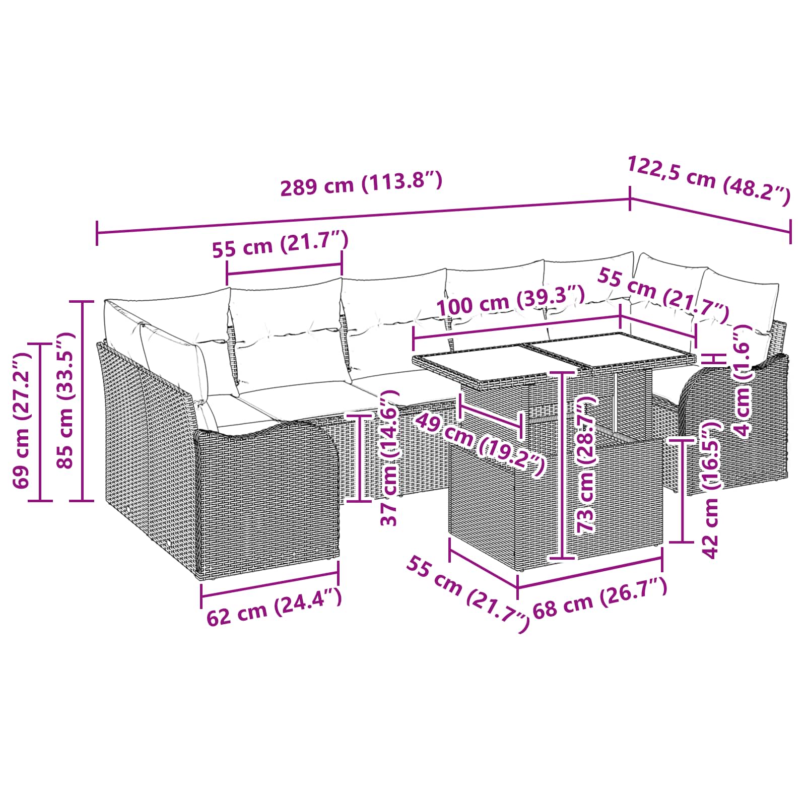 Σετ Καναπέ Κήπου με μαξιλάρι 8 pcs Καφέ Πολυ ράταν - Pakobazaar