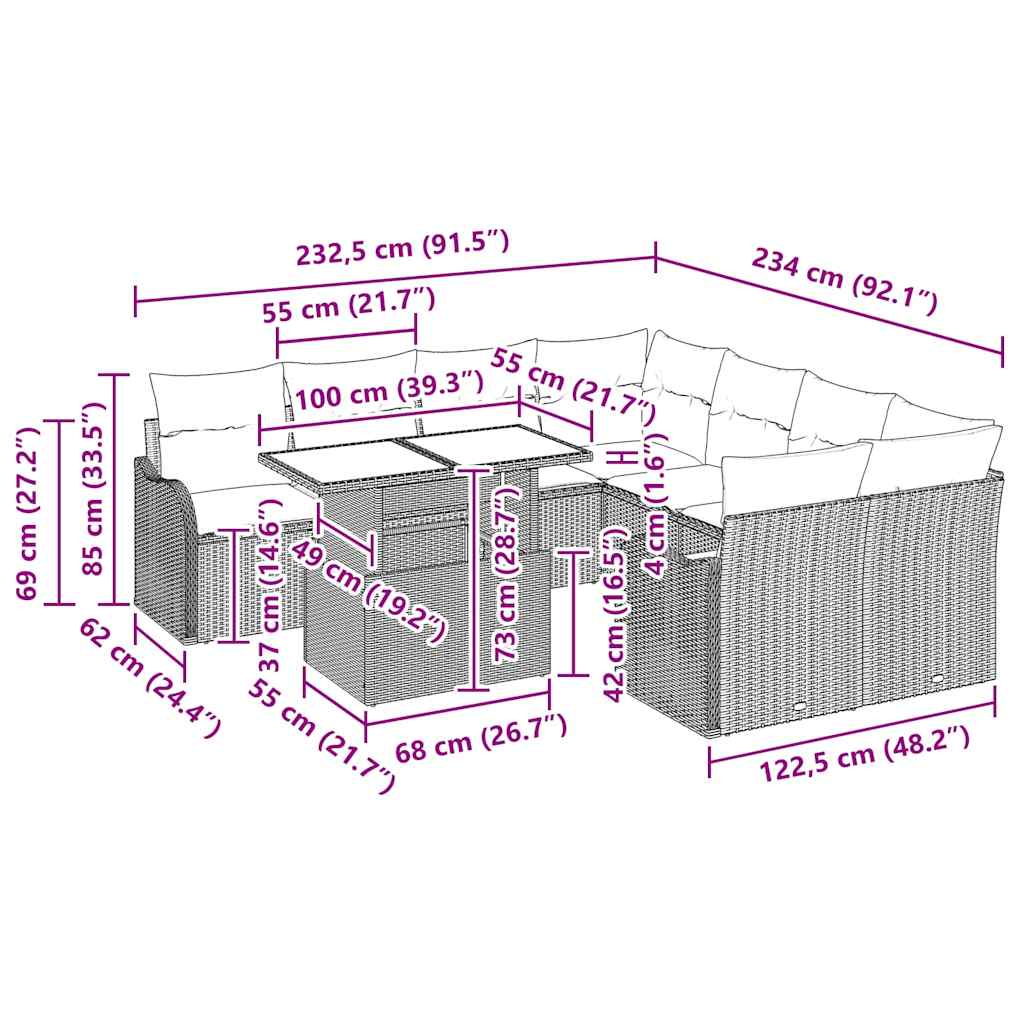Σετ Καναπέ Κήπου με μαξιλάρι 9 pcs Μπεζ Πολυ ράταν - Pakobazaar