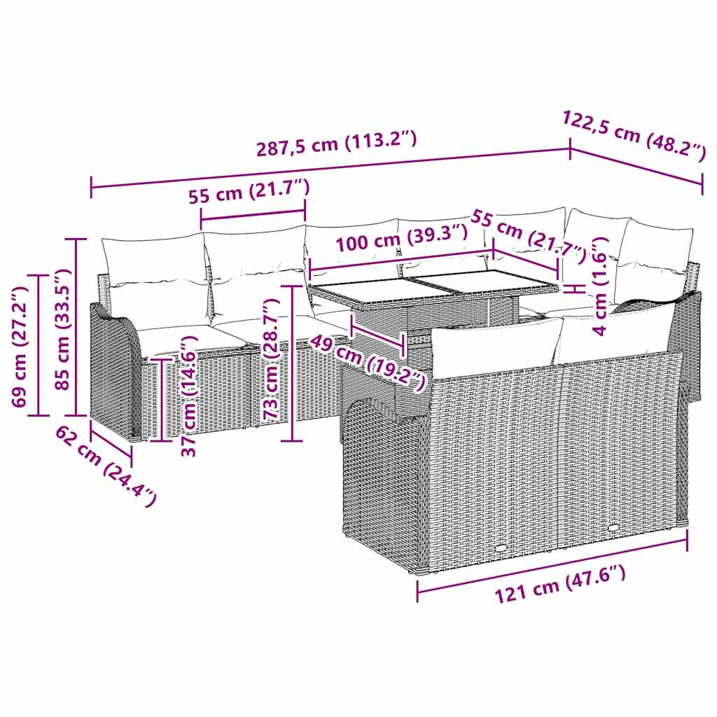 Σετ Καναπέ Κήπου με μαξιλάρι 9 pcs Μπεζ Πολυ ράταν - Pakobazaar