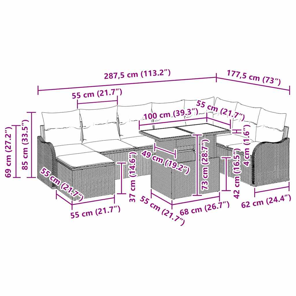 Σετ Καναπέ Κήπου με μαξιλάρι 9 pcs Μαύρο Πολυ ράταν - Pakobazaar