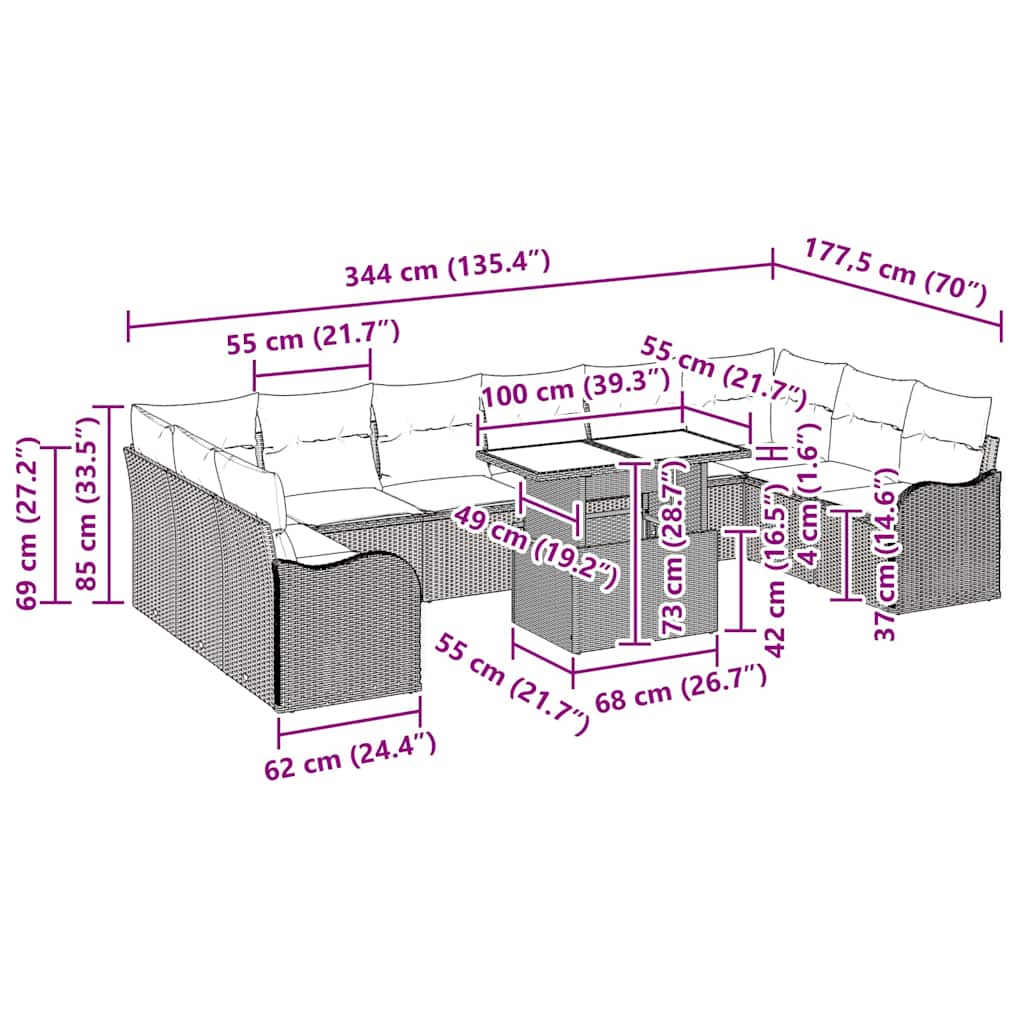 Σετ Καναπέ Κήπου με μαξιλάρι 11 pcs Μαύρο Πολυ ράταν - Pakobazaar