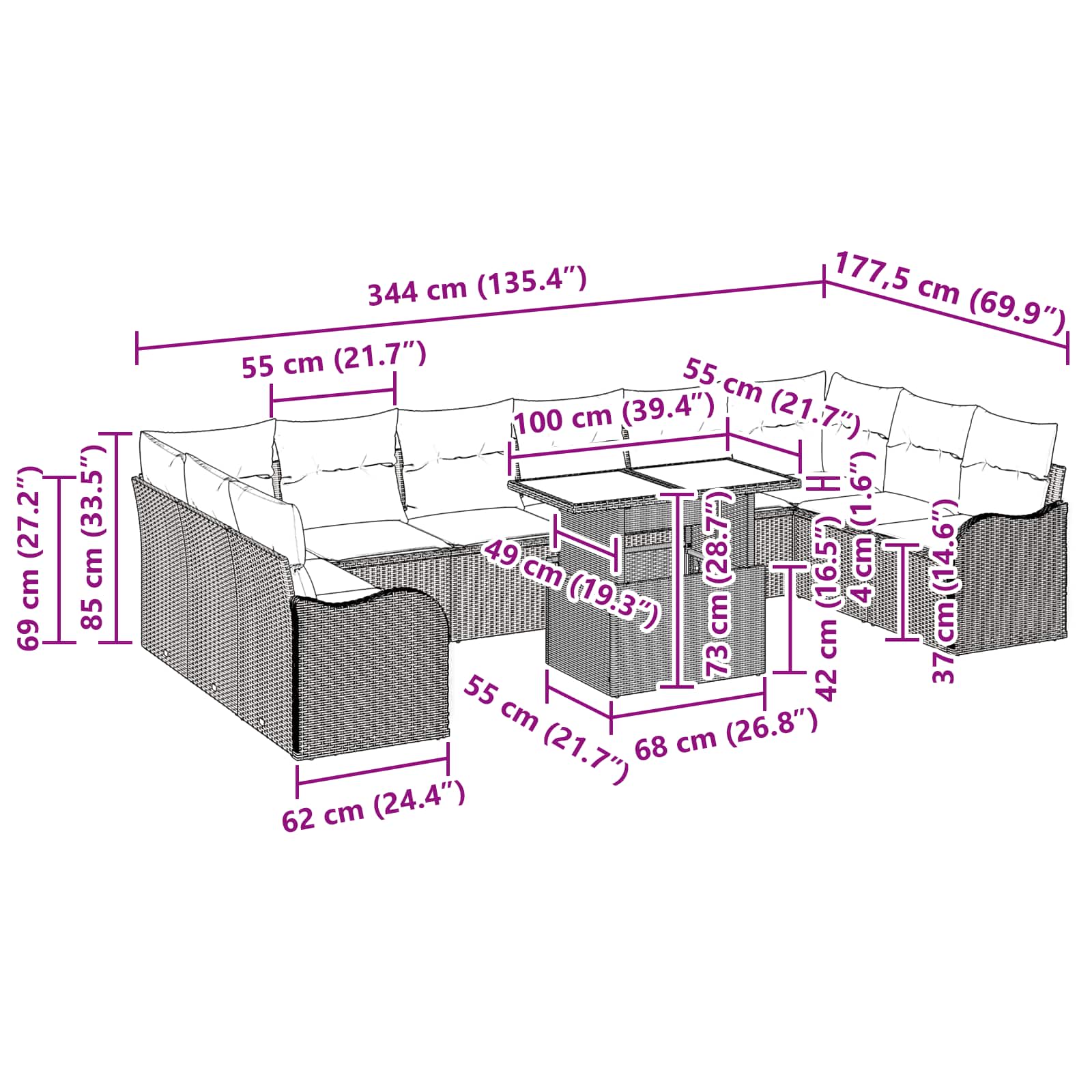 Σετ Καναπέ Κήπου με μαξιλάρι 11 pcs Καφέ Πολυ ράταν - Pakobazaar
