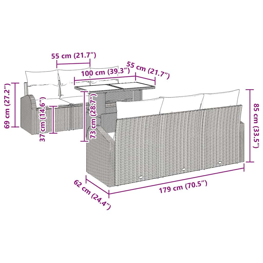 Σετ Καναπέ Κήπου με μαξιλάρι 7 pcs Ανοιχτό γκρι Πολυ ράταν - Pakobazaar