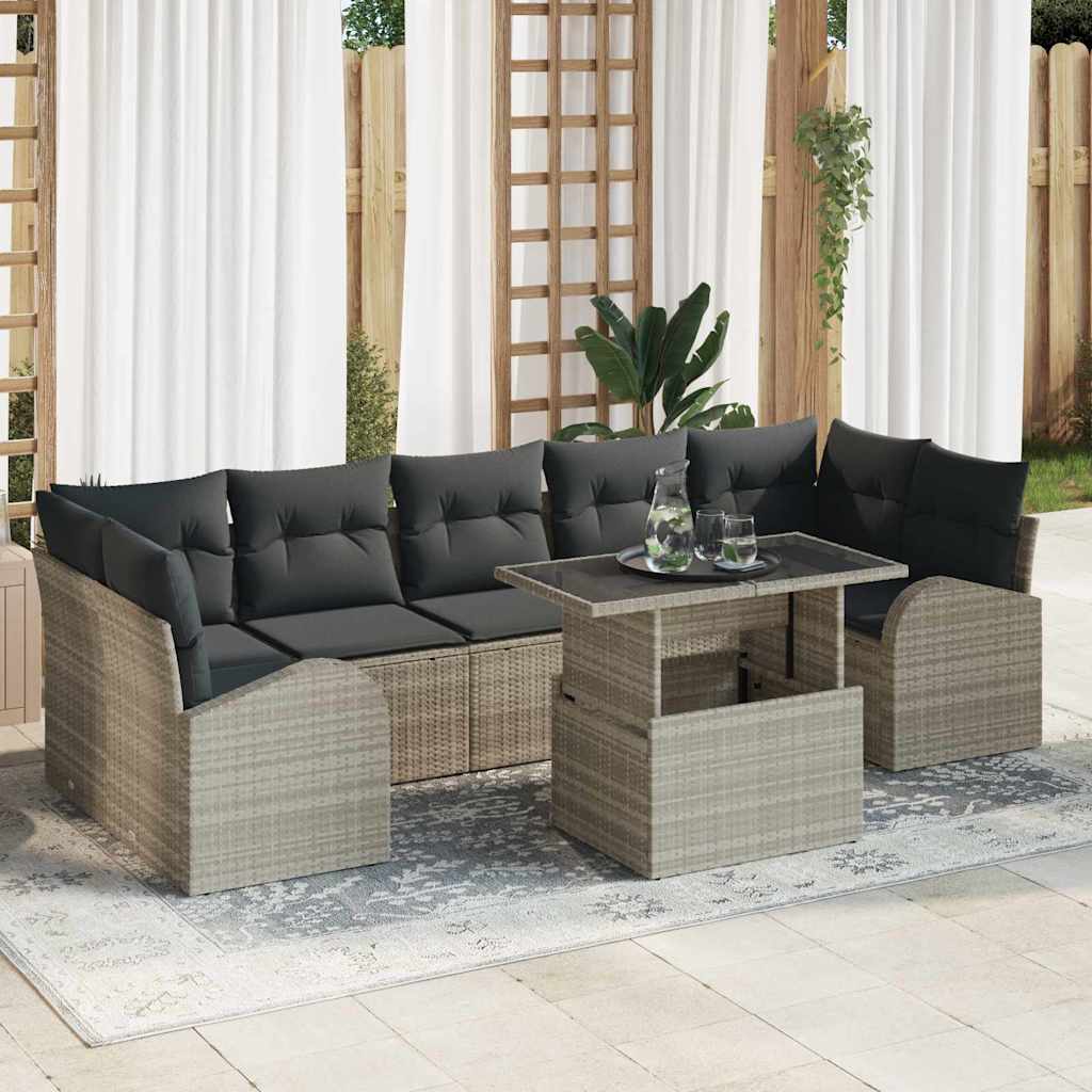 Σετ Καναπέ Κήπου με μαξιλάρι 8 pcs Ανοιχτό γκρι Πολυ ράταν