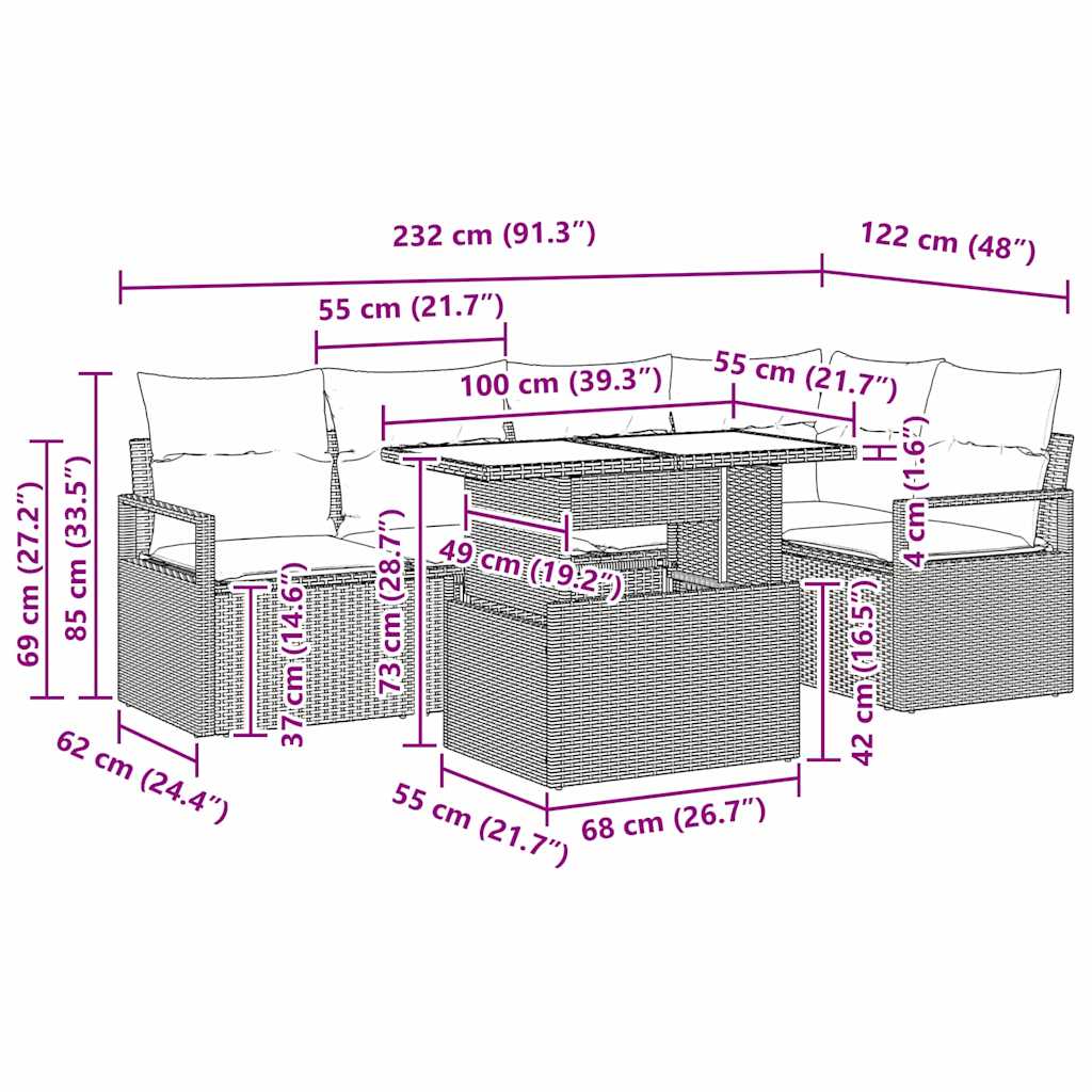 Σετ Καναπέ Κήπου 6 pcs Καφέ και κρεμ συνθετικό ρατάν