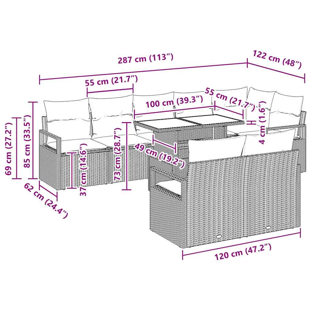 Σετ Καναπέ Κήπου με μαξιλάρι 9 pcs Ανοιχτό γκρι συνθετικό ρατάν - Pakobazaar