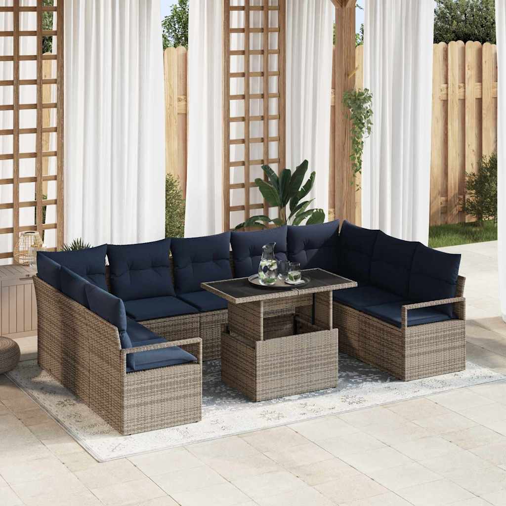 Σετ Καναπέ Κήπου 10 pcs Γκρι και Navy Blue Πολυ ράταν - Pakobazaar