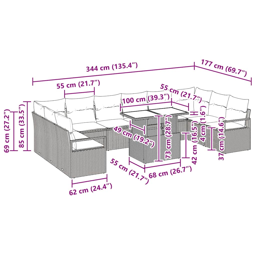 Σετ Καναπέ Κήπου με μαξιλάρι 11 pcs Γκρι συνθετικό ρατάν - Pakobazaar
