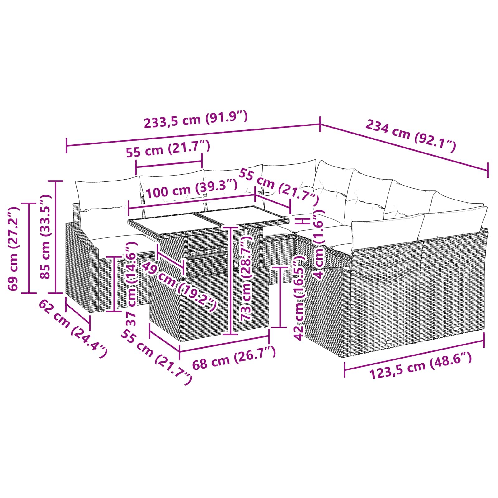 Σετ Καναπέ Κήπου 9 pcs Μαύρο και μπλε συνθετικό ρατάν - Pakobazaar