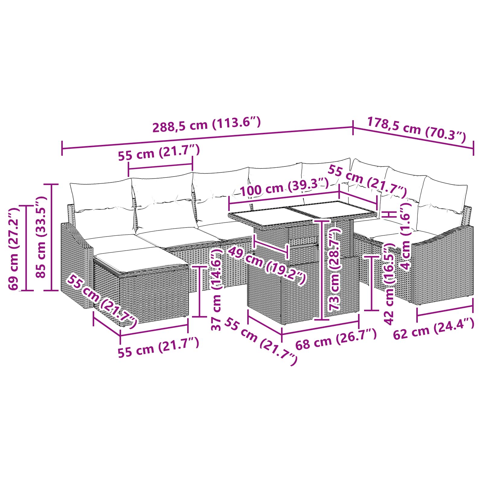 Σετ Καναπέ με μαξιλάρι 9 pcs Μαύρο και μπλε συνθετικό ρατάν - Pakobazaar