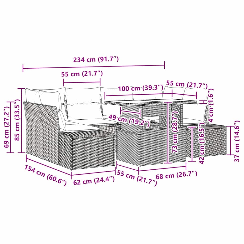 Σετ Καναπέ με μαξιλάρι 7 pcs Μαύρο συνθετικό ρατάν - Pakobazaar
