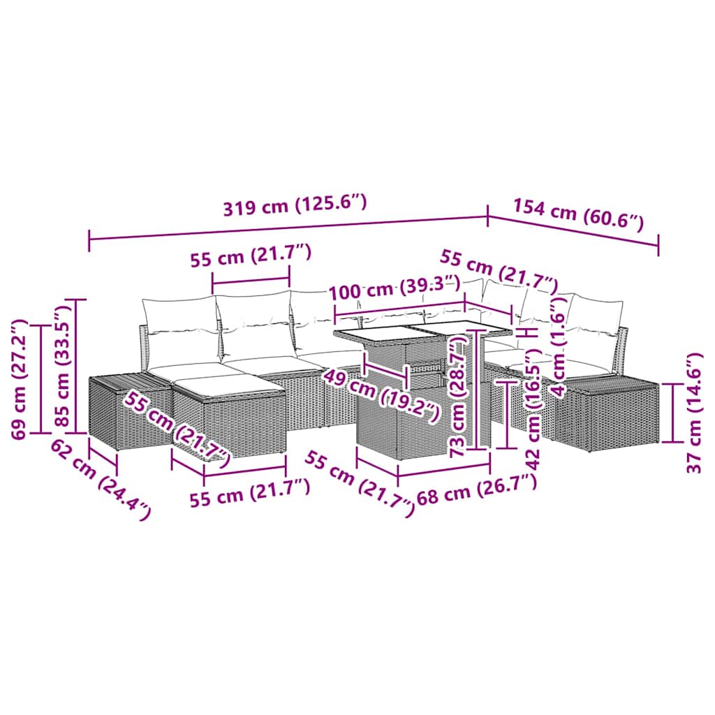 Σετ Καναπέ Κήπου με μαξιλάρι 9 pcs Γκρι συνθετικό ρατάν - Pakobazaar