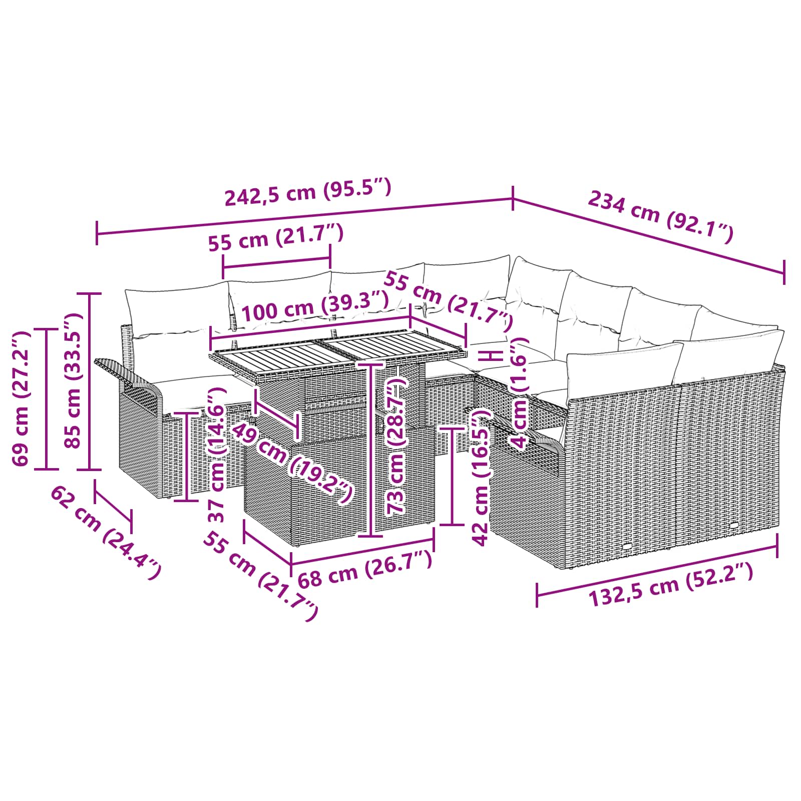 Σετ Καναπέ Κήπου 9 pcs Μαύρο και μπλε συνθετικό ρατάν - Pakobazaar