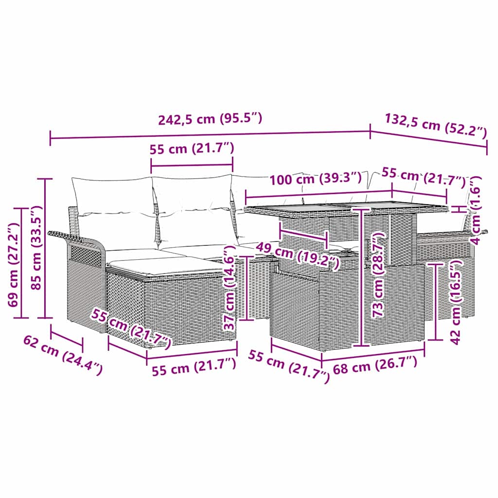 Σετ Καναπέ Κήπου με μαξιλάρι 7 pcs Γκρι συνθετικό ρατάν