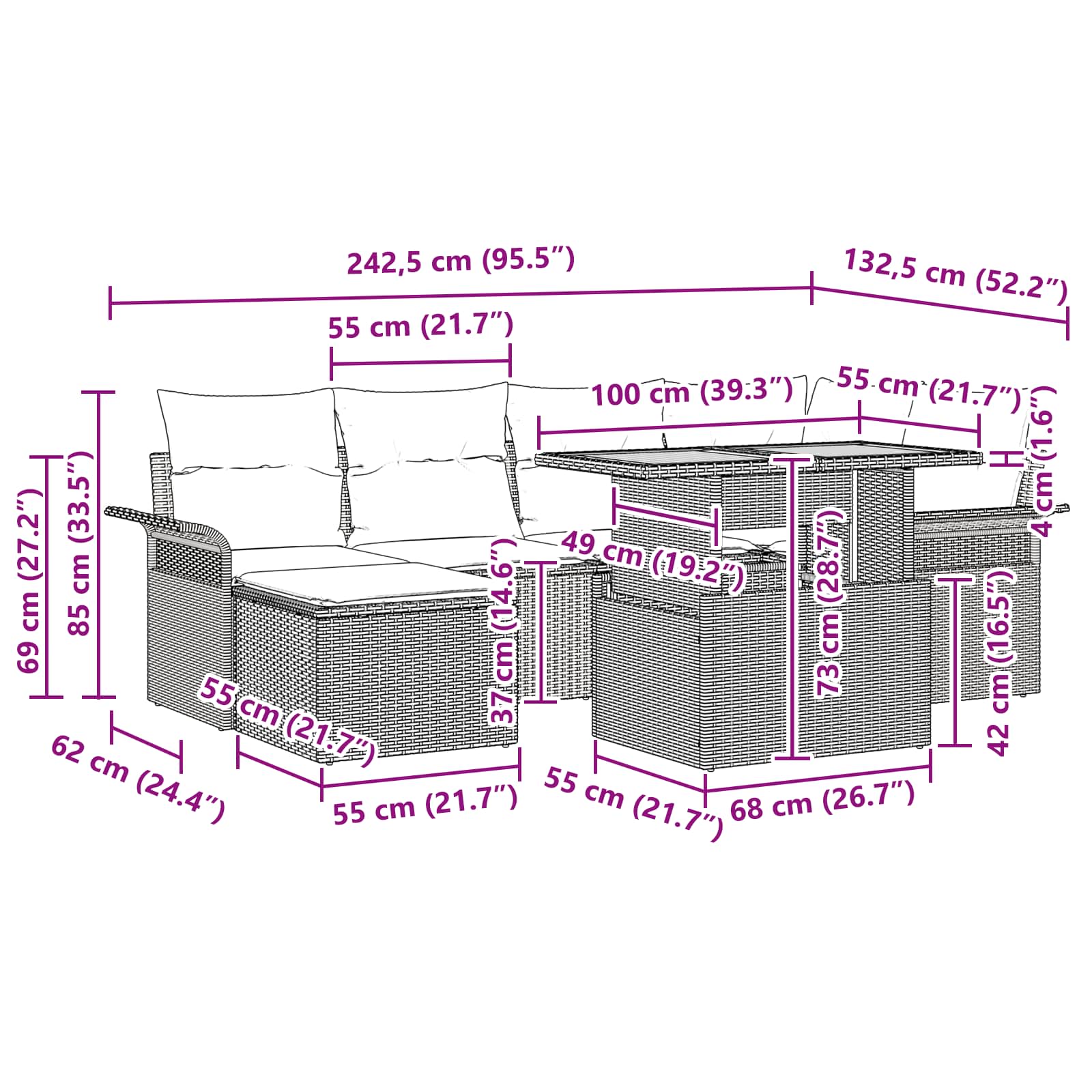 Σετ Καναπέ Κήπου με μαξιλάρι 7 pcs γκρι και ναυτικό μπλε - Pakobazaar