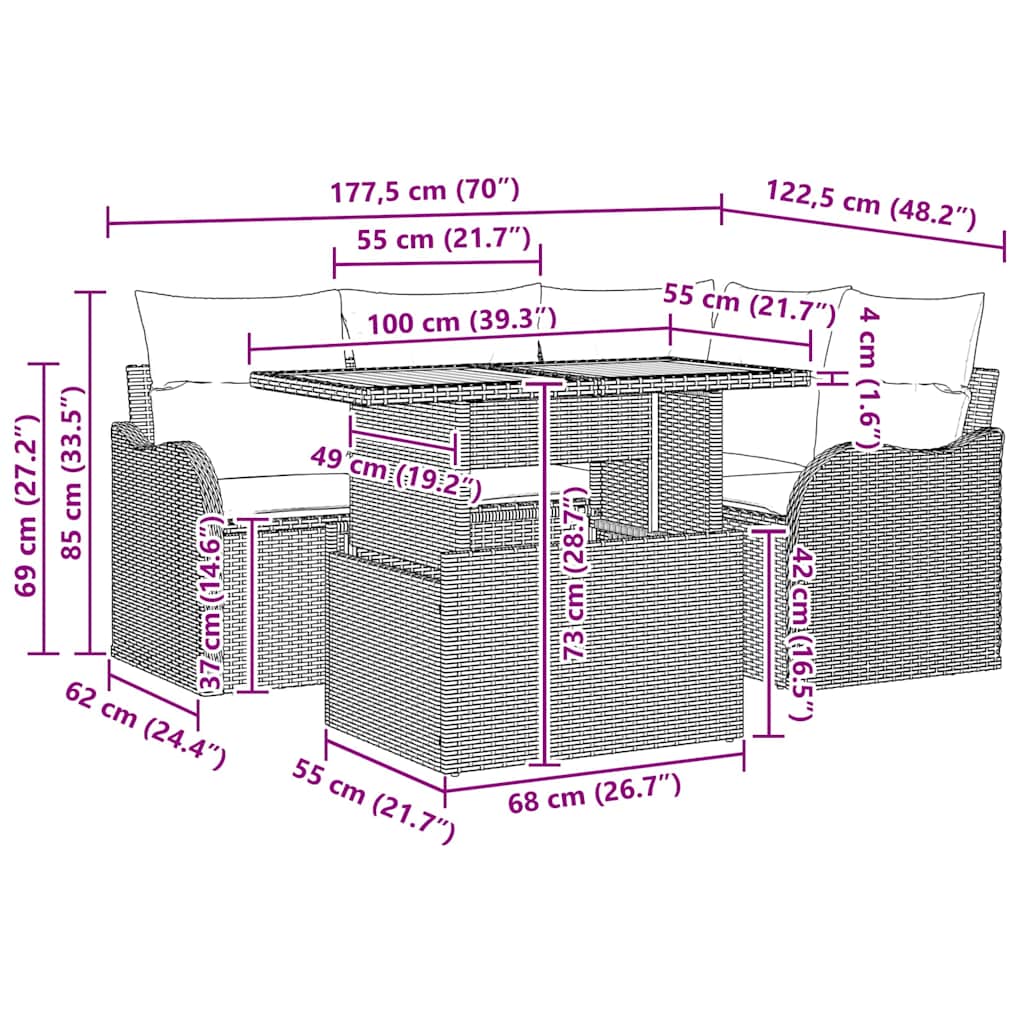 Σετ Καναπέ Κήπου με μαξιλάρι 5 pcs Γκρι συνθετικό ρατάν