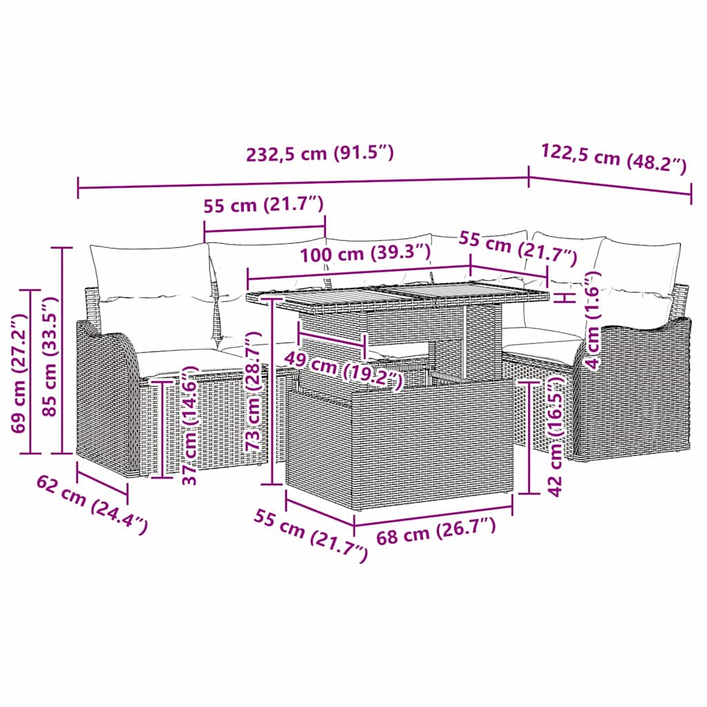 Σετ Καναπέ Κήπου με μαξιλάρι 6 pcs Γκρι συνθετικό ρατάν