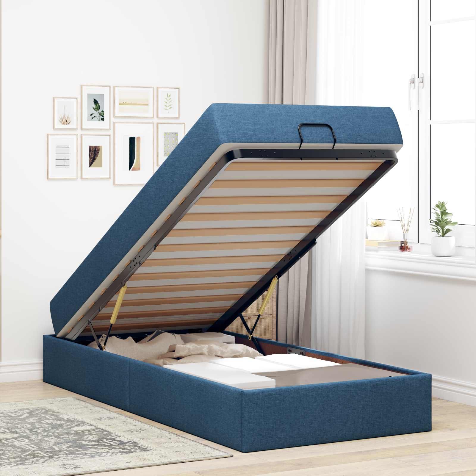 Σκελετός κρεβατιού με στρώμα με στρώμα 2 pcs Μπλε ύφασμα