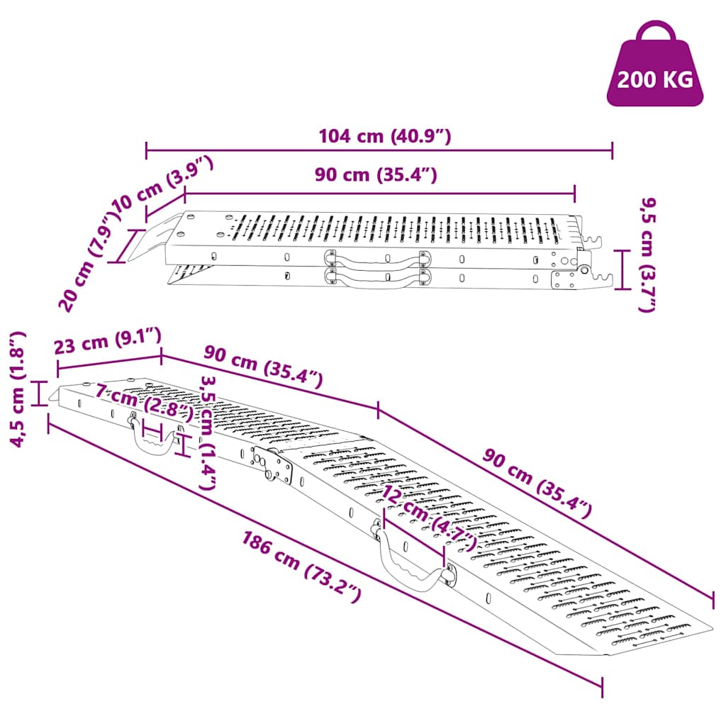 Πτυσσόμενη ράμπα 200kg ανά ράμπα Ασημί 186 x 23 x 4,5 εκ - Pakobazaar