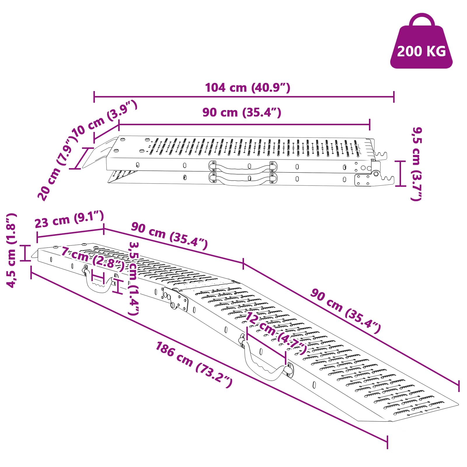 Πτυσσόμενη ράμπα 200kg ανά ράμπα 2 pcs Ασημί 186 x 23 x 4,5 εκ - Pakobazaar