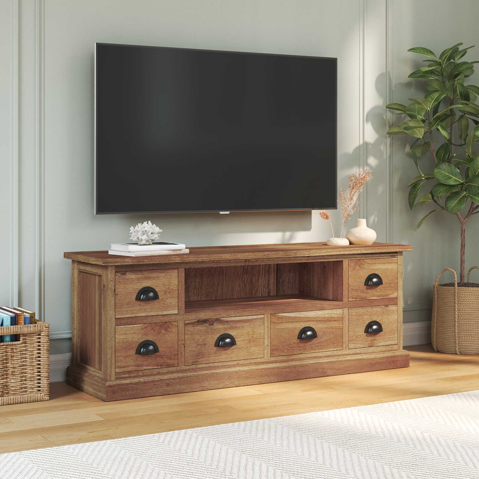 Βάση TV με συρτάρι Φυσικό 110 x 30 x 40 cm Στερεό Ξύλο Τίκ