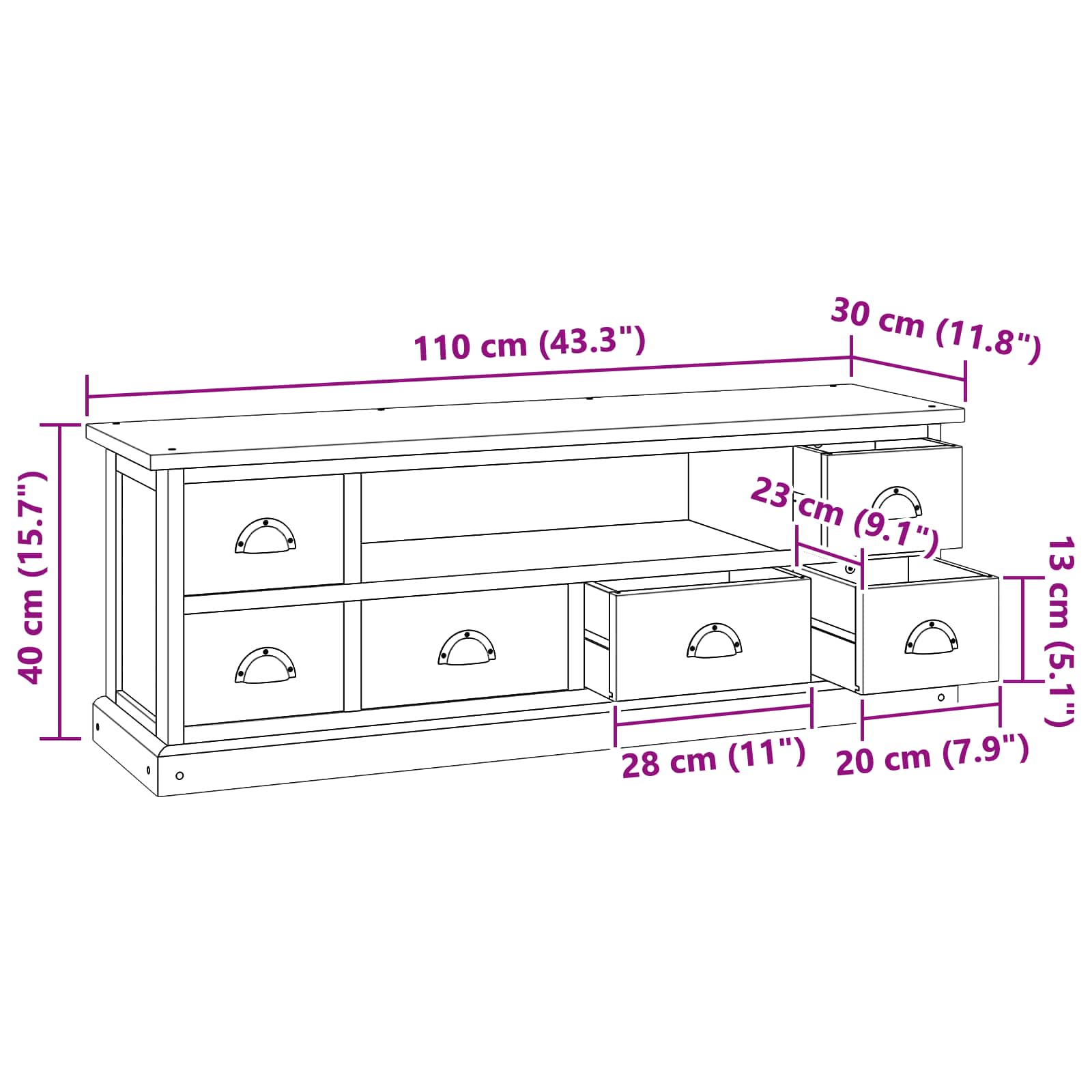 Βάση TV με συρτάρι Φυσικό 110 x 30 x 40 cm Στερεό Ξύλο Τίκ