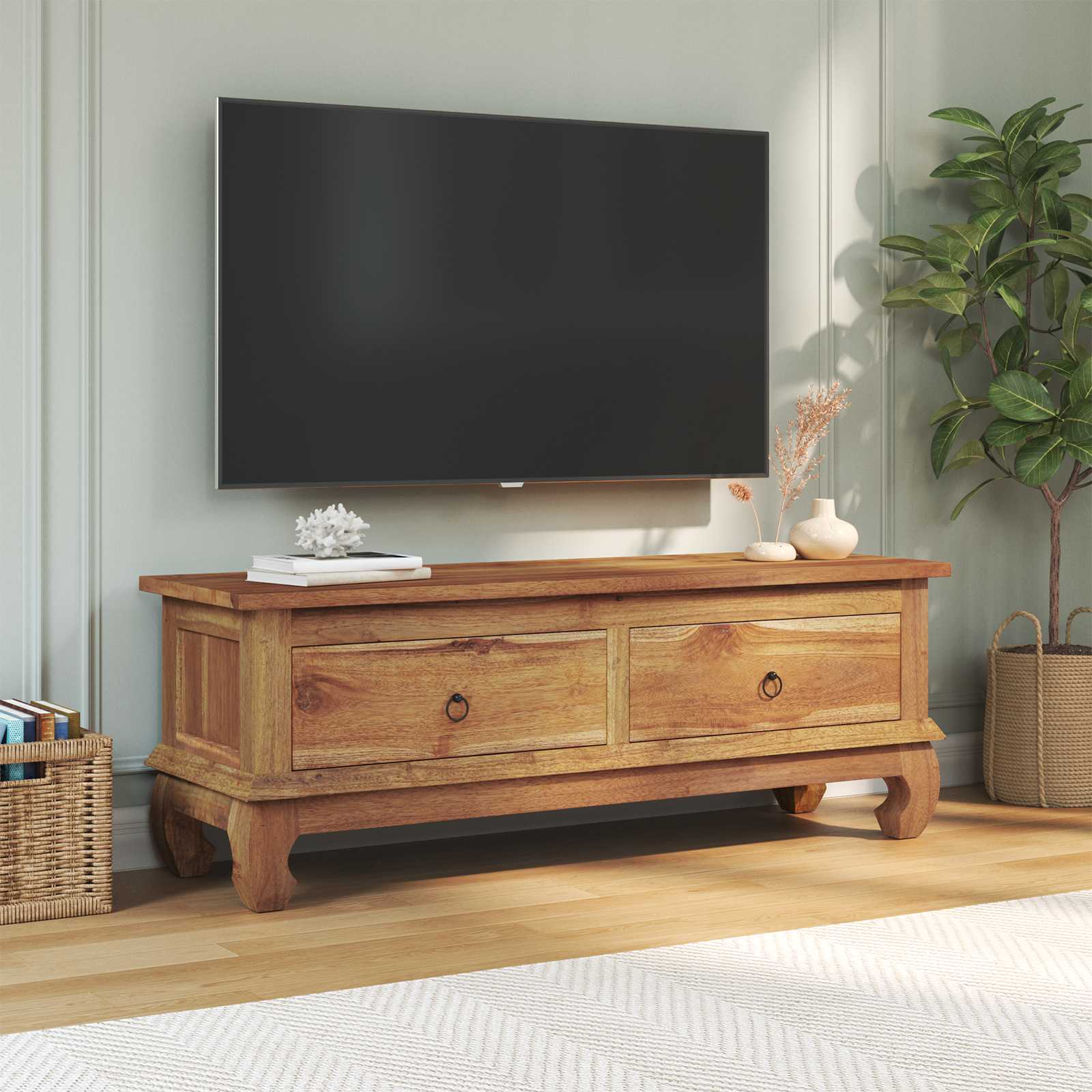 Βάση TV με συρτάρι Φυσικό 110 x 35 x 40 εκ Στερεό Ξύλο Τίκ - Pakobazaar