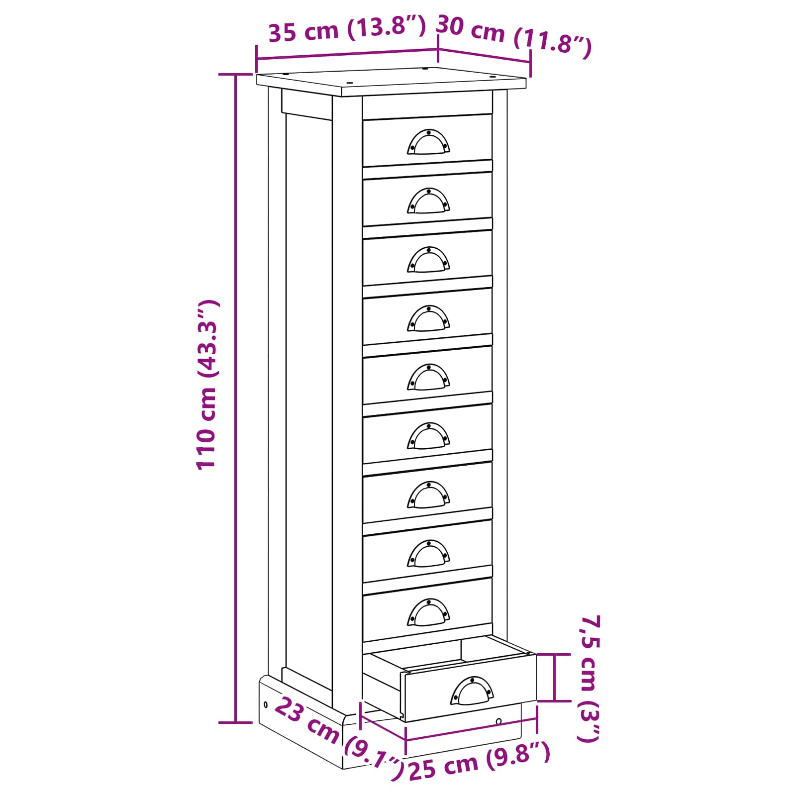 Κουτί με συρτάρια Φυσικό 35 x 30 x 110 εκ Στερεό Ξύλο Τίκ - Pakobazaar