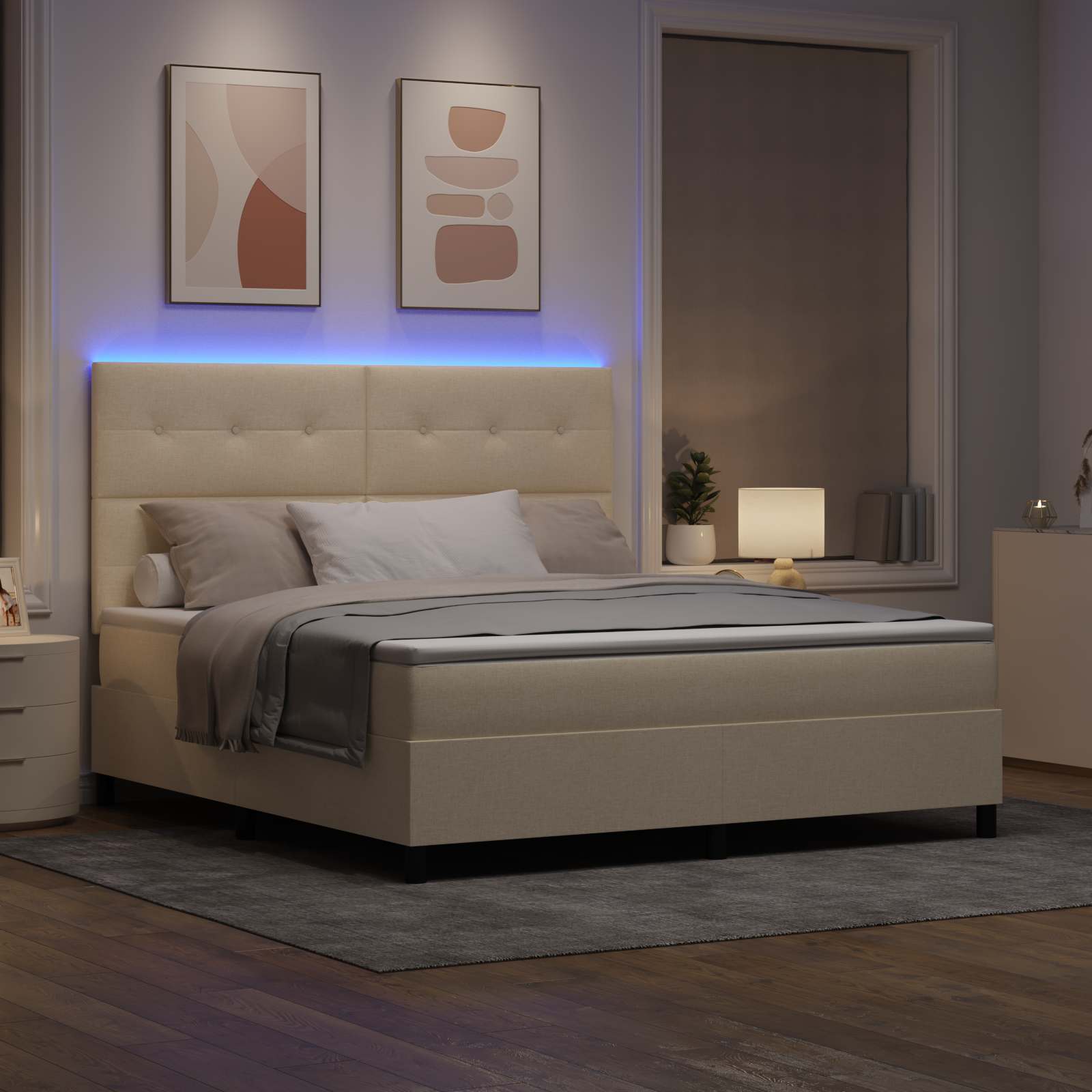 Κρεβάτι με ελατήρια με στρώμα με led Κρεμ 180 x 200 cm ύφασμα - Pakobazaar