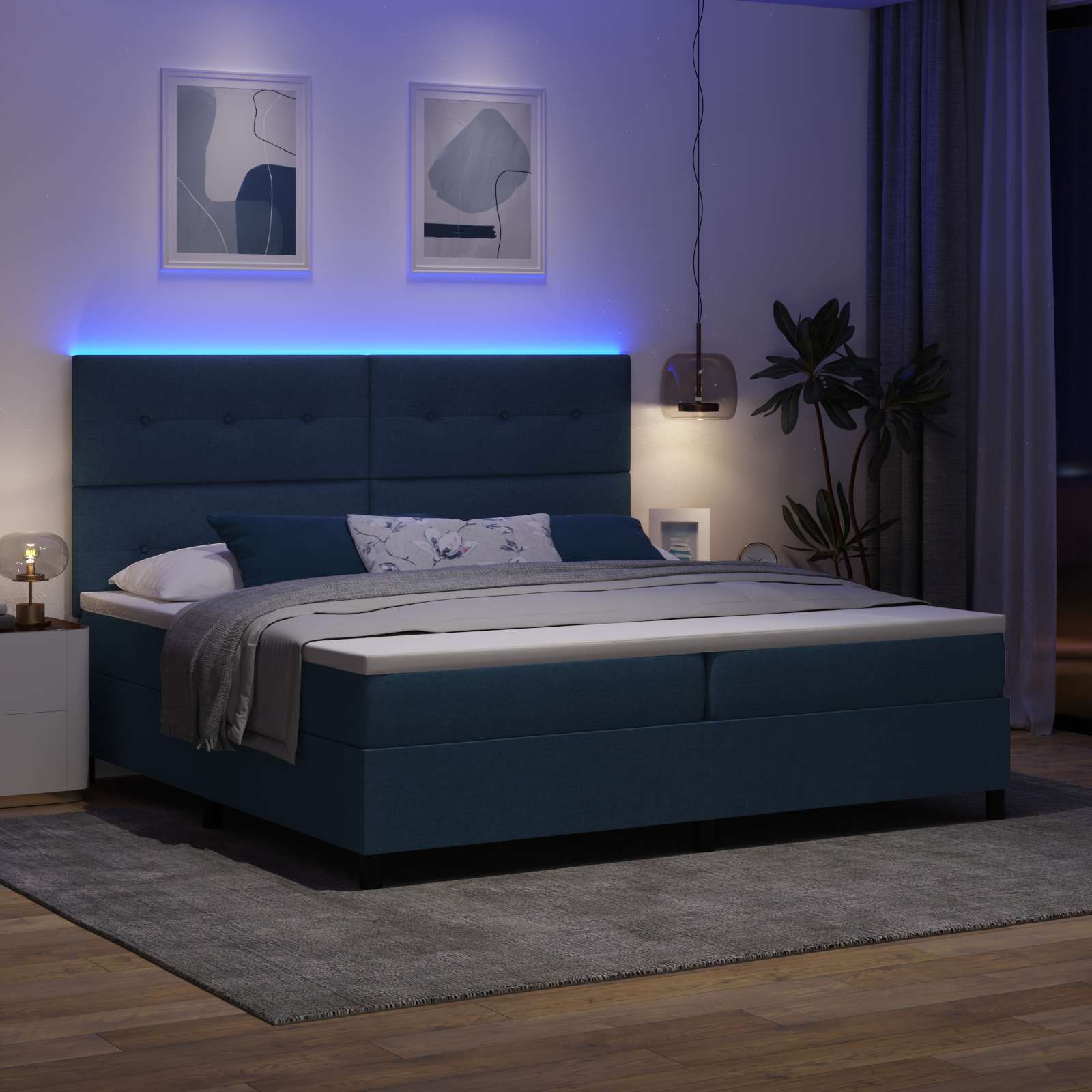 Κρεβάτι με ελατήρια με στρώμα με led Μπλε 200 x 200 cm ύφασμα - Pakobazaar