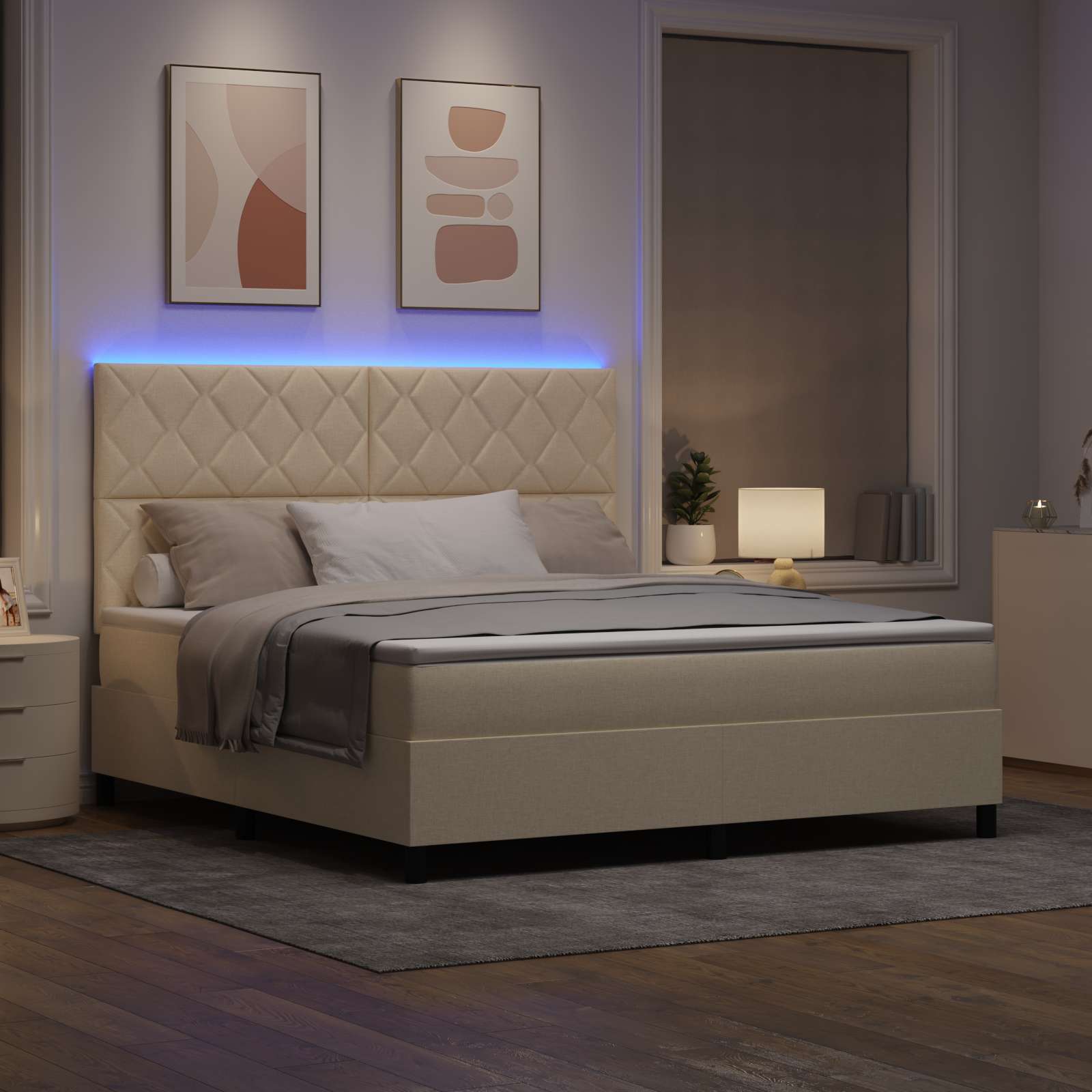 Κρεβάτι με ελατήρια με κεφαλάρι Κρεμ 180 x 200 cm ύφασμα - Pakobazaar