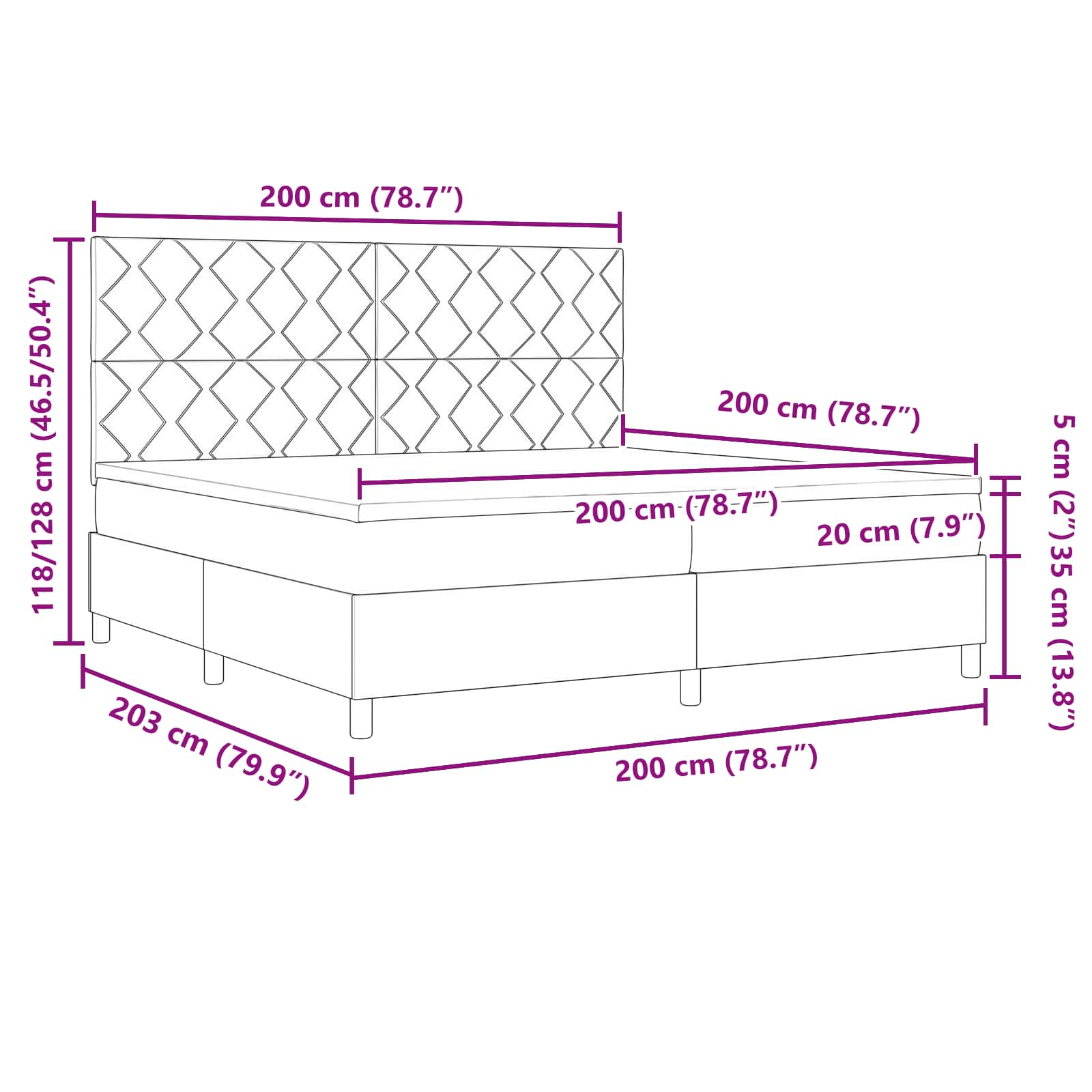 Κρεβάτι με ελατήρια με στρώμα με led Μαύρο 200 x 200 cm ύφασμα - Pakobazaar