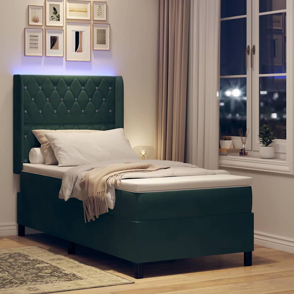 Κρεβάτι με ελατήρια με led Σκούρο Πράσινο 90 x 190 cm Βελούδο - Pakobazaar