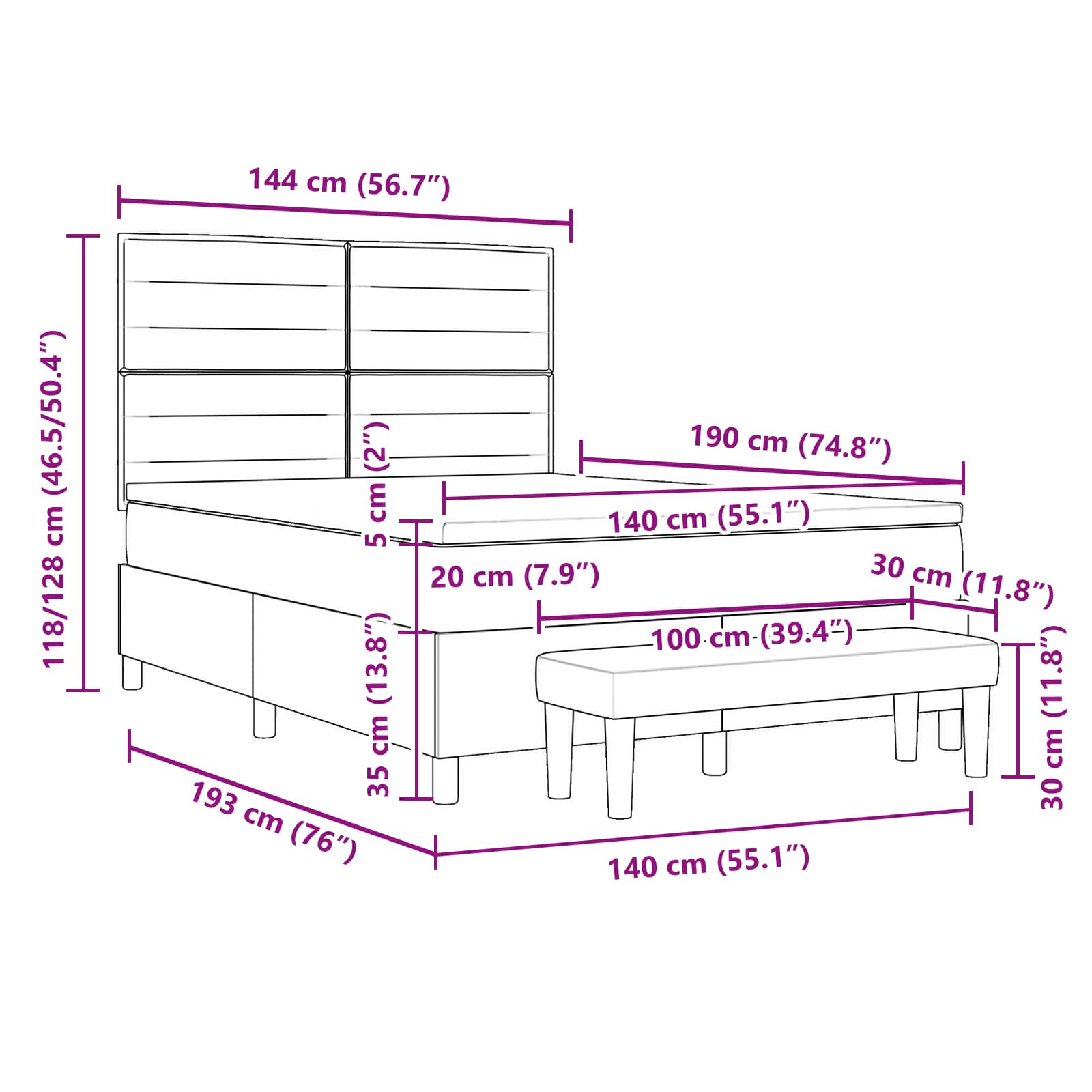 Κρεβάτι με ελατήρια με στρώμα Ανοιχτό γκρι 140 x 190 cm ύφασμα - Pakobazaar