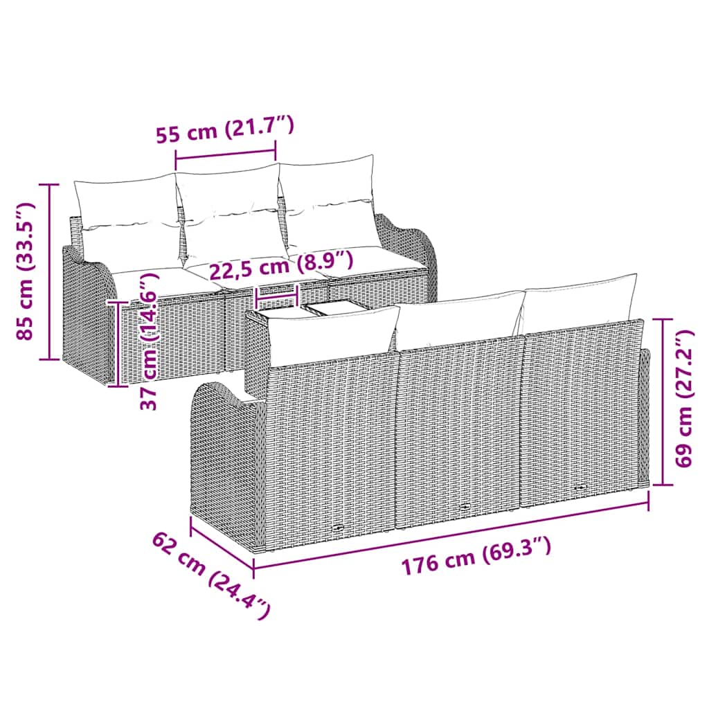 Σετ Καναπέ Κήπου 7 pcs Μαύρο Πολυ Ρατάν και Ατσάλι και Γυαλί