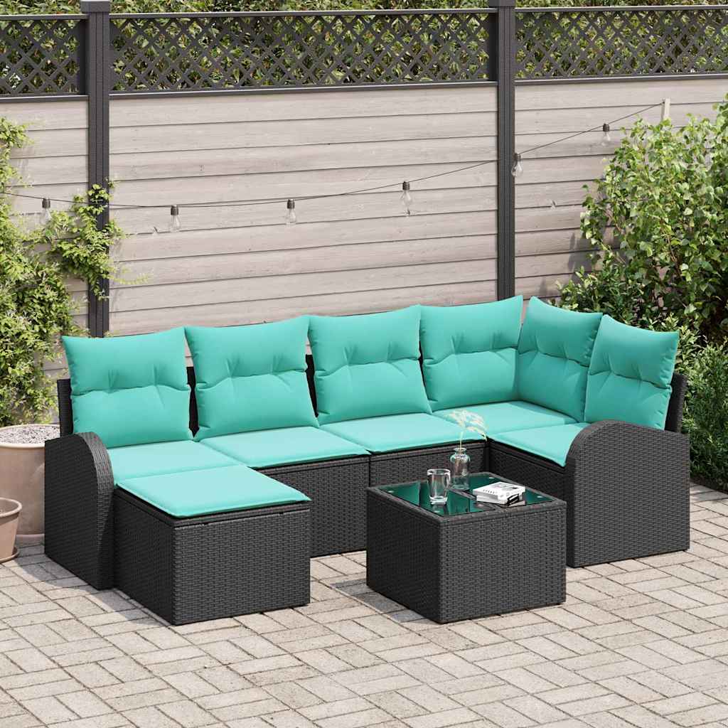 Σετ Καναπέ με μαξιλάρι 7 pcs Μαύρο και Τυρκουάζ συνθετικό ρατάν - Pakobazaar