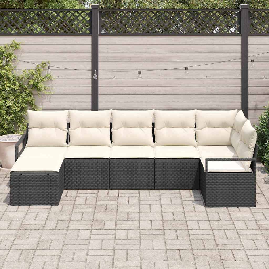 Σετ Καναπέ με μαξιλάρι 7 pcs Μαύρο και Κρέμα συνθετικό ρατάν