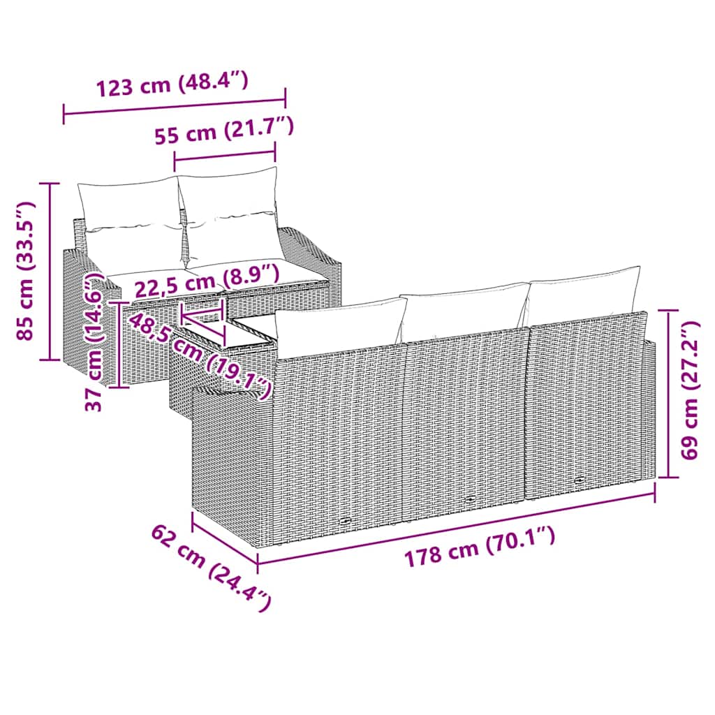 Σετ Καναπέ με μαξιλάρι 6 pcs Μαύρο και Κρέμα συνθετικό ρατάν - Pakobazaar